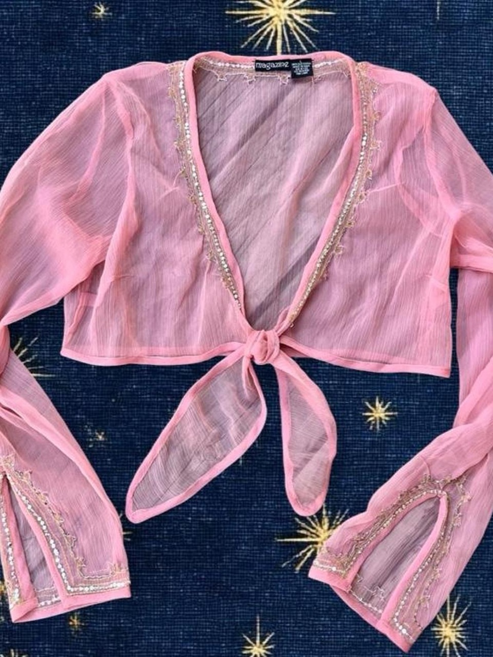 Pink Sheer Tie-Front Embellished Cropped Top
